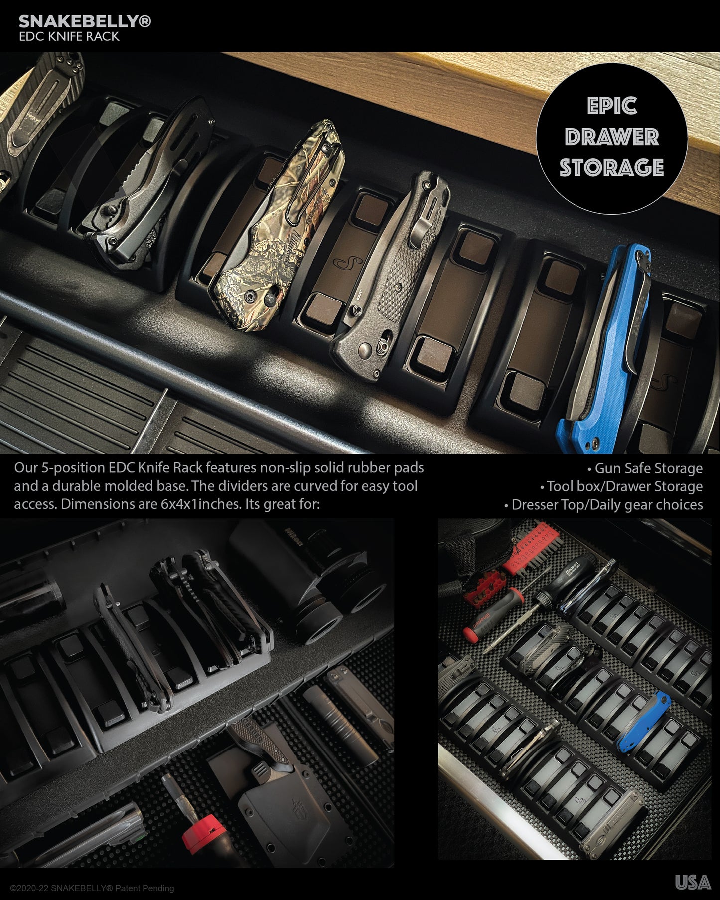 EDC Knife Rack Tray Organizer MEGA 6-pc (30-position) by Snakebelly - BULK Multipack for the ultimate pocket knife collection